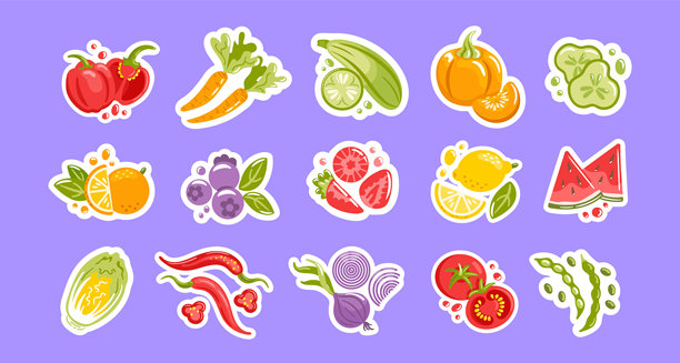 水果、浆果和蔬菜贴纸套装，俏皮的矢量插画，包含各种愉快的组合、鲜艳的色彩、简洁的线条和紧凑的形状，可用于用户界面和品牌设计。图片下载