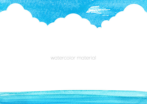 夏日天空与大海水彩背景，插画素材，可供复制的空间图片下载