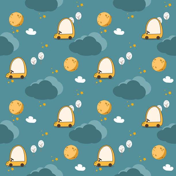 可爱的卡通汽车夜间旅行。背景为云朵、树木、星星和绿色。无缝矢量图插画。图片下载