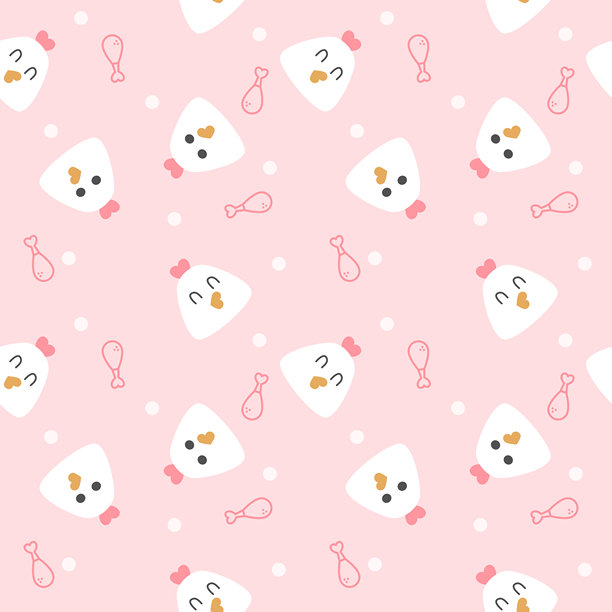 可爱炸鸡卡通头像，粉色波点背景上的炸鸡。无缝矢量插画图案。图片下载