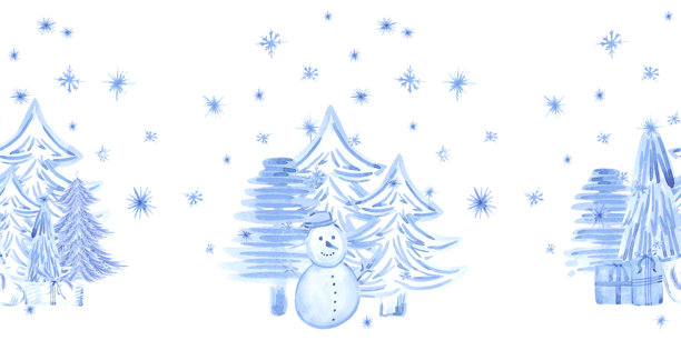 手绘水彩蓝白色调冬季雪林与雪人无缝边框。插画孤立在白色背景上。可用于明信片、纺织品标签和其他印刷品。图片下载