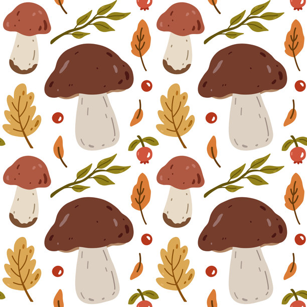 可爱的秋季无缝图案，背景为白色，饰有蘑菇、叶子和浆果。采用扁平风格的手绘矢量插画。非常适合用作壁纸、包装纸和纺织品。植物印花。图片下载