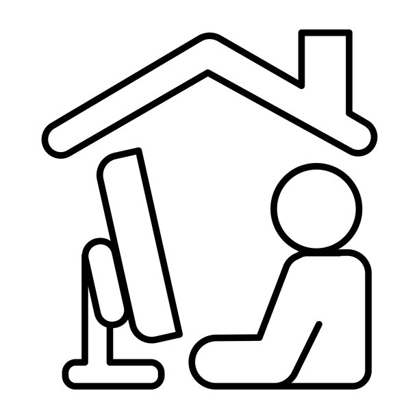 带烟囱的屋顶，单块屏幕上的用户细线图标，远程工作概念，白色背景上的工作空间矢量标志，轮廓风格图标移动概念网页设计。矢量图。图片下载