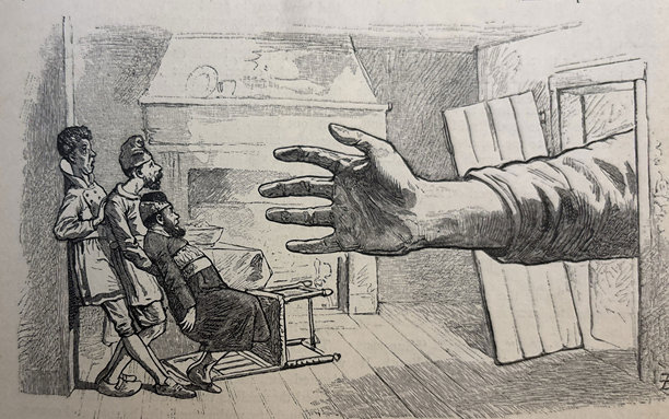 古董插画——一个巨大的手通过门伸进来，试图抓住三个男人。图片下载