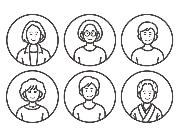 六位老年女性的插画图标集，线条画。图片下载