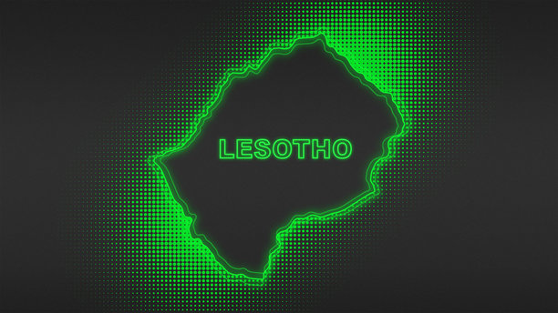 霓虹绿莱索托地图轮廓，未来数字辉光半调插画图片下载