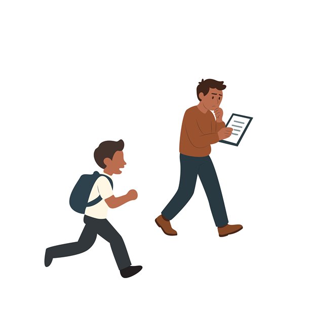 奔跑的男孩和使用平板电脑思考的男人，一个背着背包的年轻男孩在奔跑，而一个男人则带着沉思的表情看着平板电脑。图片下载
