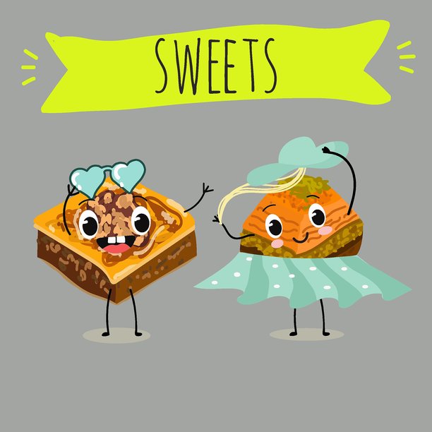 有趣的土耳其传统甜点开心果果仁蜜饼卡通形象，手绘矢量插画。图片下载