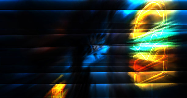 平行且重叠的玻璃面板扭曲了汉堡的插画，并带有霓虹灯线条。图片下载