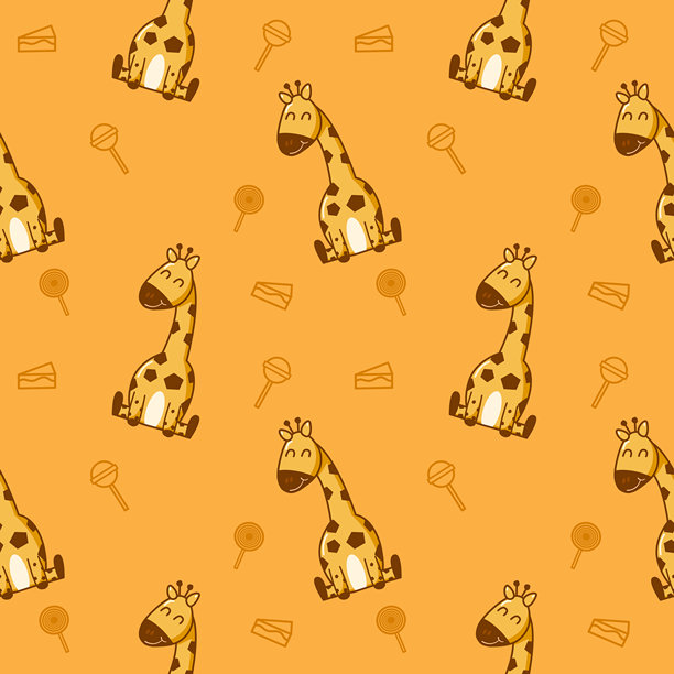 长颈鹿微笑卡通，如此可爱。在糖果蛋糕和黄色背景上。无缝图案矢量插画。图片下载