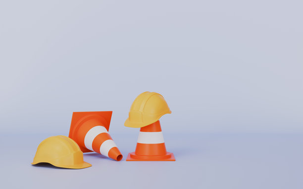 蓝色背景上的建筑安全锥和头盔 3D 插画图片下载