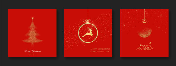 圣诞贺卡套装，包含圣诞球、鹿和圣诞树，背景为红色。节日图案。矢量插画图片下载