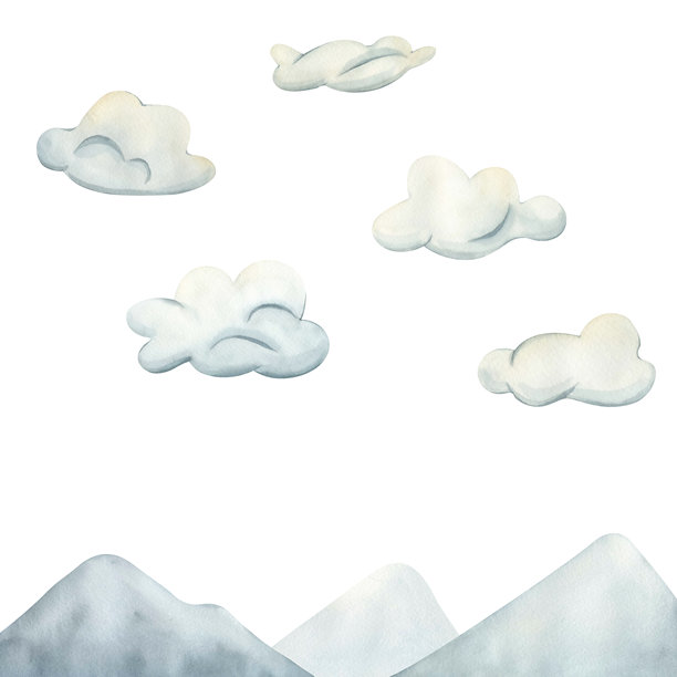 蓝褐色调的儿童风格水彩手绘插画，描绘了云朵在山峦上空飘浮的景象，适合儿童用品。图片下载