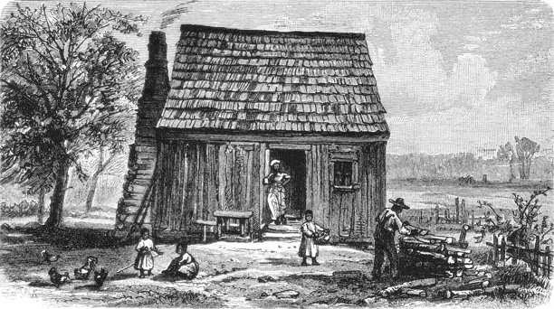 佛罗里达州风景中的非裔美国家庭住宅，采用地方建筑风格，展示了内战后的定居模式和南方农村生活记录，这是一幅1899年的老式复古插画。图片下载