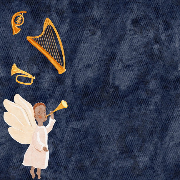 天使与金色乐器。水彩圣诞插画。深色背景图片下载