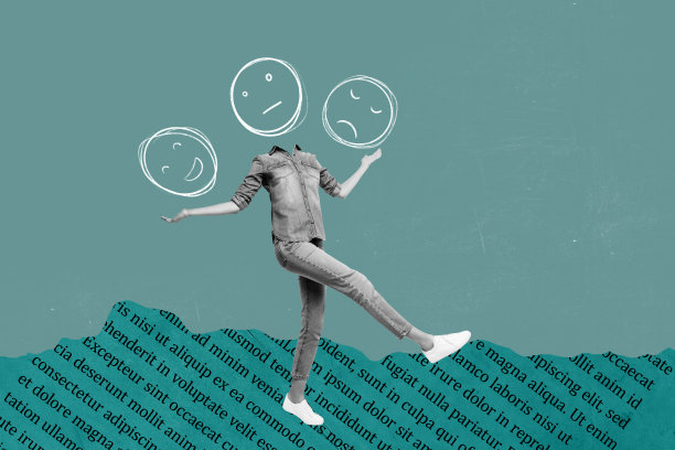 潮流3D照片拼贴，一位匿名女孩的头部被表情包替代，象征着欺凌、紧张、涂鸦、虐待等概念。图片下载