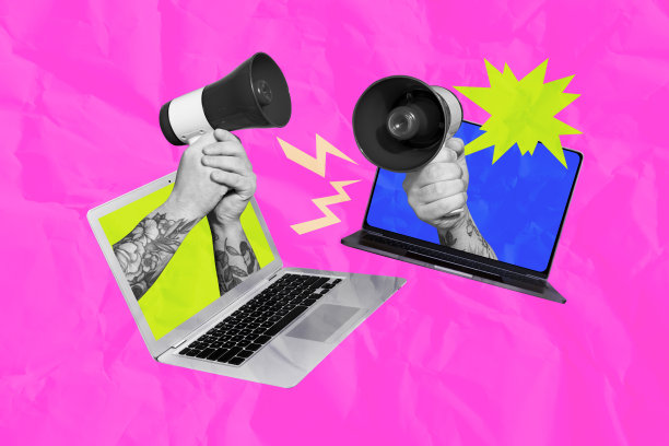 拼贴照片设计趋势草图：设备遥控、在线互联网、笔记本电脑显示屏、手持扩音器、演讲、关注、公告图片下载