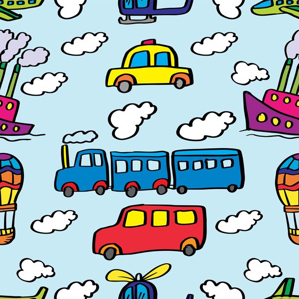 浅蓝色背景上的卡通交通工具无缝图案。矢量插图。图片下载
