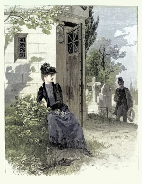 年轻女子在维多利亚时代浪漫的墓地里，在坟墓旁等待着一位男士，复古插画，19世纪，选自莱昂·德·廷索的《必须相爱吗？》场景图片下载
