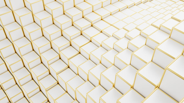 抽象的白色与金色立方体波浪背景，3D渲染图片下载