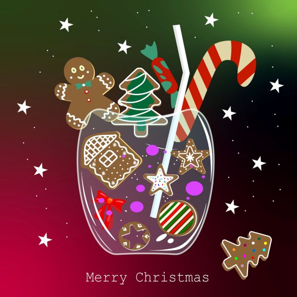 节日矢量插画，描绘了各种圣诞姜饼（人、房屋、树、星星）和拐杖糖，装在带吸管的玻璃杯中，暗示着节日甜点或鸡尾酒。非常适合贺卡、海报和季节性饮品菜单。图片下载