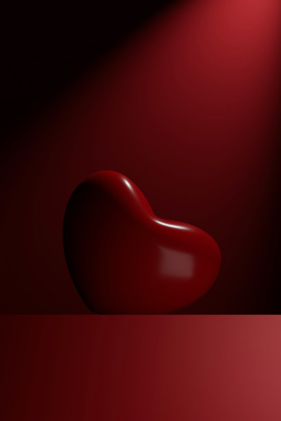 深色三维渲染情人节背景，带有两个大红心和几何形状上的产品展示台。戏剧性的豪华促销展示。图片下载