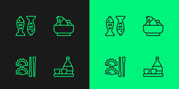 清酒瓶、筷子饺子、盘中鱼和米饭碗图标的线条套装。矢量图图片下载