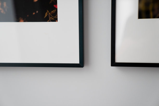 光滑墙面上装饰有成对的黑色画框，现代室内设计强调简洁的审美、规整的布局和精致的装饰元素摆放图片下载