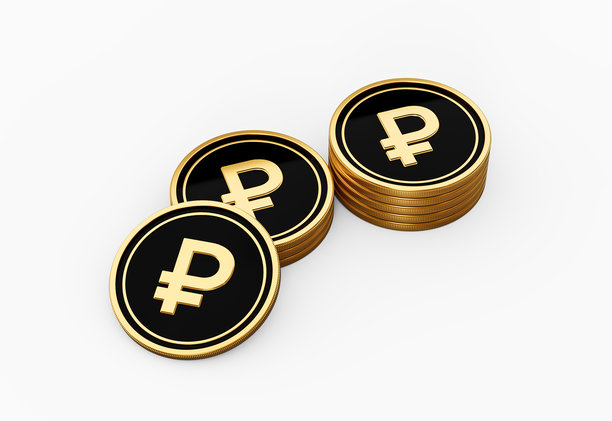 白色背景上堆叠的时尚金色和黑色俄罗斯卢布圆形钱币 3D 插画图片下载