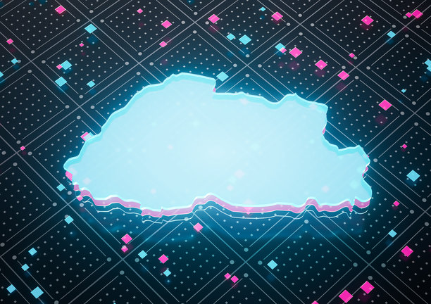 发光的不丹数据地图，无缝图案背景上的霓虹蓝光，3D插画图片下载