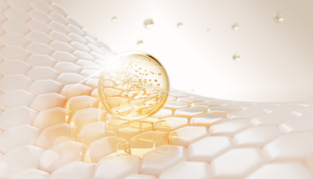 3D皮肤细胞带有油滴纹理，表皮六边形图案与视黄醇精华气泡，金色精华凝胶营造光泽感，金色护肤摩洛哥坚果化妆品滴，黄色蜂蜜面膜图片下载