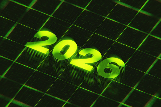 明亮的绿色、粗体3D字体“2026”，背景为未来感的黑暗网格或数字屏幕，带有复古CRT效果。概念涉及科技、虚拟现实、未来预测和新年。图片下载