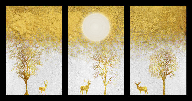 现代画布艺术壁画，带有金色树木和浅色背景。金色鹿、圣诞树、金色山脉、带鹿的太阳。用于墙面家居装饰的3D插画图片下载