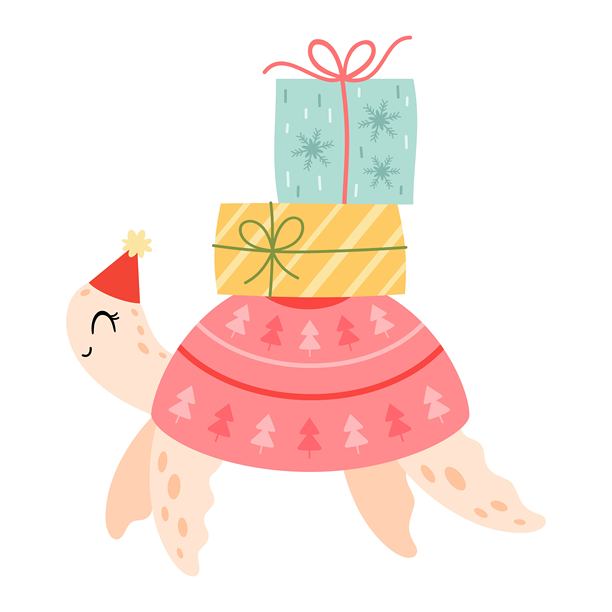 卡通风格的粉色圣诞海龟和礼物。可爱的圣诞海洋动物剪贴画，节日海洋生物。假日矢量插画。图片下载