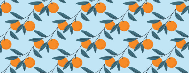 浅蓝色背景上带有绿叶的无缝橙色树枝图案图片下载