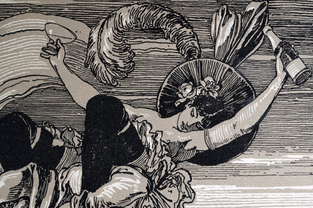 合唱团女孩手持香槟酒瓶，派对，玩乐，新艺术运动，青年风格，复古插画，1890年代，19世纪图片下载