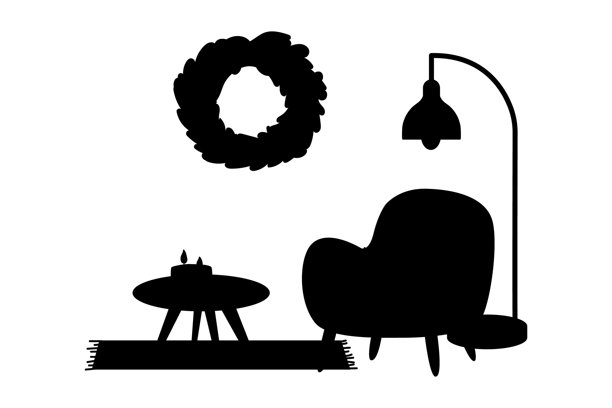 剪影圣诞室内装饰，配有扶手椅、花环和灯图片下载