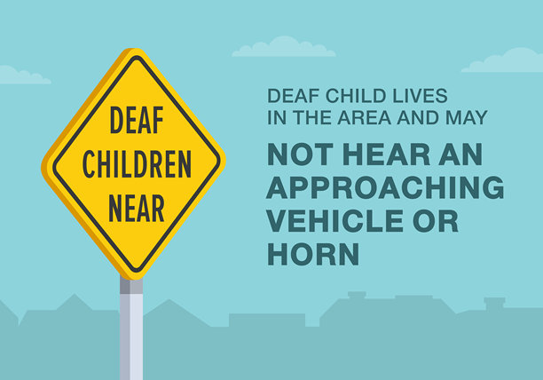 安全驾驶技巧与交通法规。美国“聋哑儿童出没”标志特写，意为该区域有聋哑儿童居住。矢量插画模板。图片下载