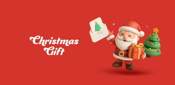 最佳圣诞礼物。3D搞笑圣诞老人带着礼物、圣诞树和圣诞老人信件。红色的有趣横幅。适用于圣诞节、趣味、童年概念。矢量插画。图片下载