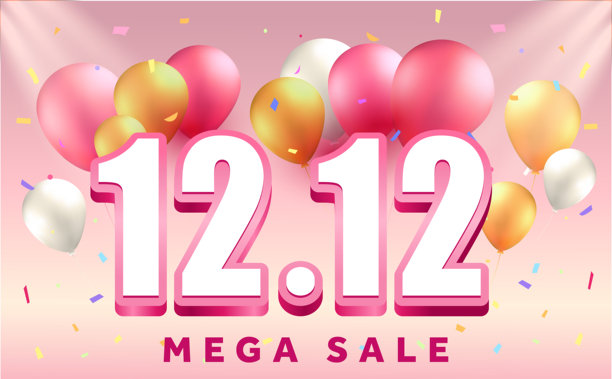 12.12巨型促销活动横幅模板，配有粉色和金色气球、纸屑以及醒目的字体设计。3D矢量插画图片下载