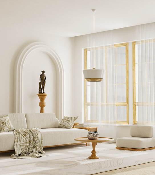 现代室内设计，配有米色沙发、木质咖啡桌和自然光下的优雅拱门细节。三维插画。图片下载