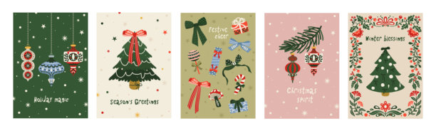 一套异想天开的圣诞贺卡。蝴蝶结 çerçeve 贺卡，带有圣诞树、猫、餐桌、花环和可爱的狗图片下载