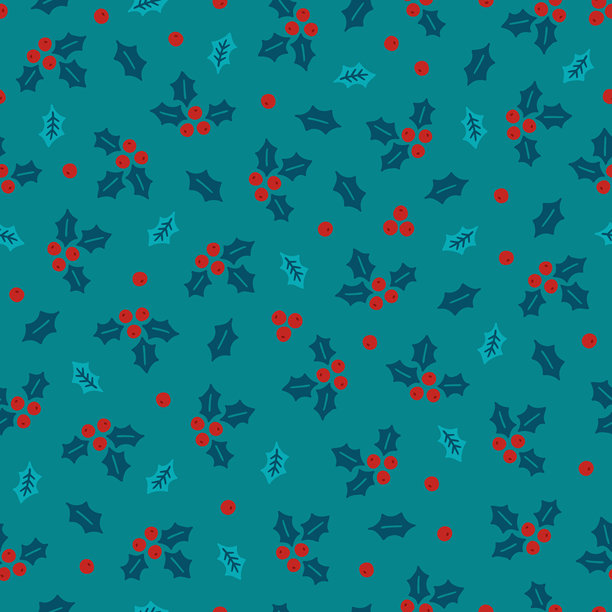 圣诞节无缝图案，在绿松石背景上饰有冬青浆果图片下载