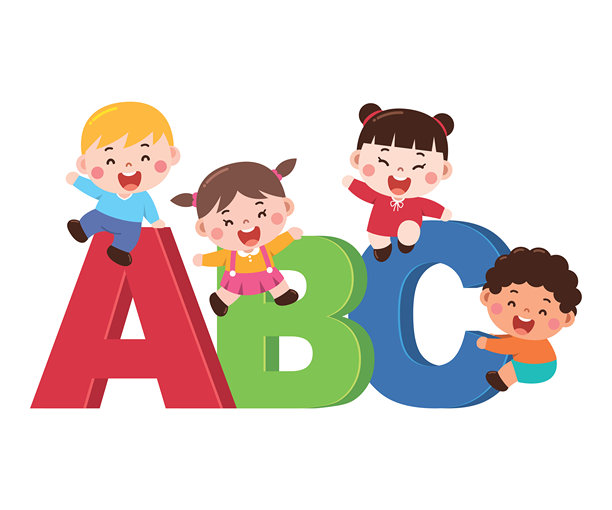 快乐的孩子们学习字母ABC的卡通插画图片下载