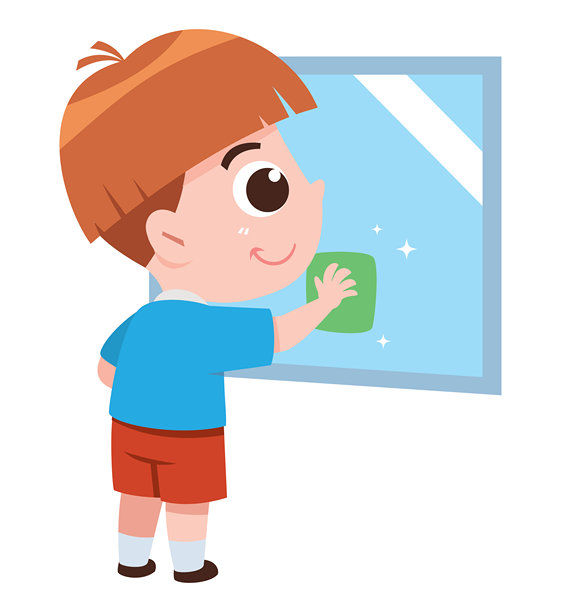 可爱的孩子在擦窗户，卡通插画，描绘家务和教育主题图片下载