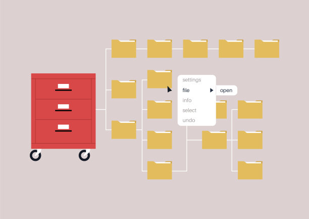 一幅充满活力的数字插画，展示了文件打开菜单和整齐的文件柜，设计强调了选择文档的易于导航性。图片下载