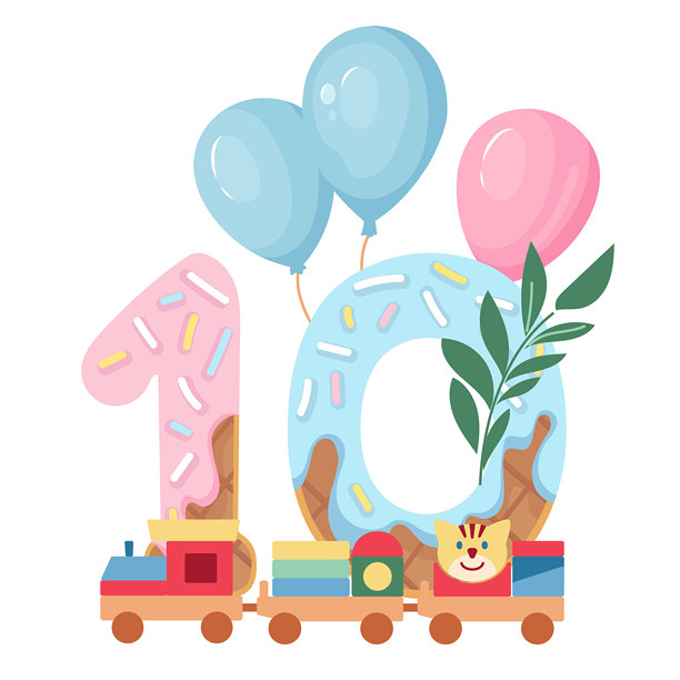 可爱的宝宝里程碑卡片，带有数字、气球和玩具，庆祝宝宝满十个月。温柔的设计，适合新生儿捕捉每一个特别的瞬间。矢量插画，可用作庆祝横幅、相册。图片下载