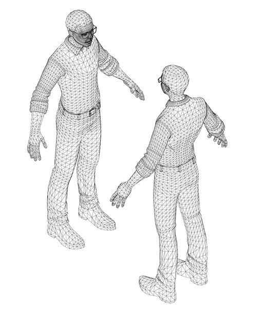 风格化的非洲男性戴着眼镜，在白色背景的3D线框插画中对着一位女性讲话。图片下载