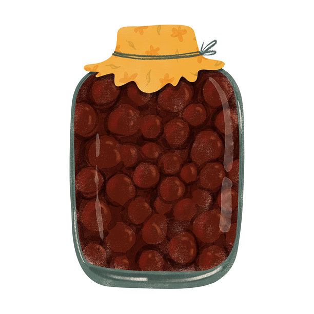 可爱的插画，一个樱桃果酱罐，配有鲜艳的黄色花朵图案盖子，并用绳子系好。适用于儿童书籍、舒适的厨房装饰、食谱设计或季节性工艺品。用于贺卡、印刷品、剪贴簿项目。图片下载