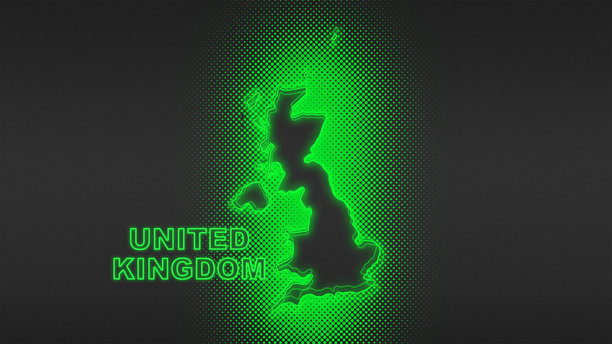 霓虹绿英国地图轮廓，未来感数字辉光半调插画图片下载
